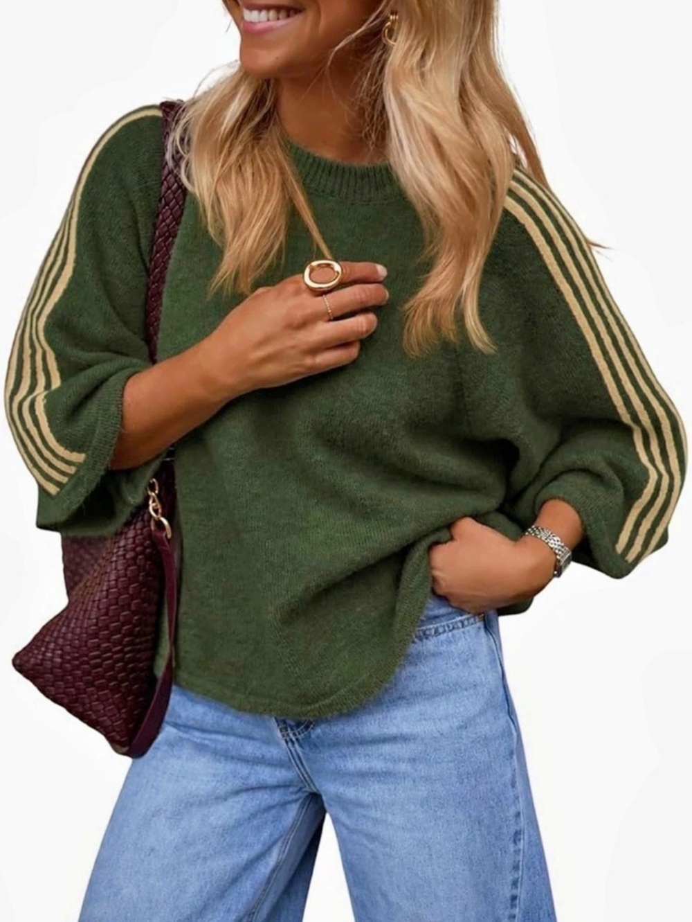 Crew Neck Green Striped Sleeve NWT
